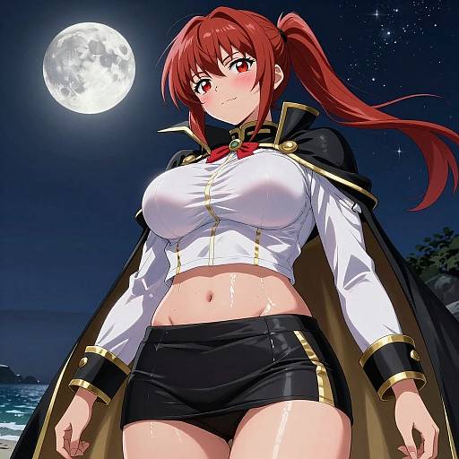 Anime-style digital drawing of a red-haired woman with large breasts, white crop top, black shorts, and cape, under a full moon.
