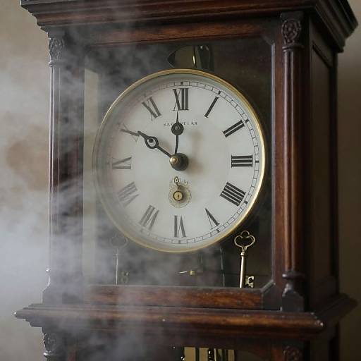 Photograph of a vintage, wooden mantel clock with visible steam, Roman numerals, black hands, gold rim, and an intricate keyhole.