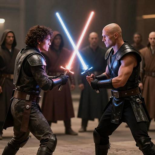 Intense Lightsaber Duel Under Dramatic Lighting