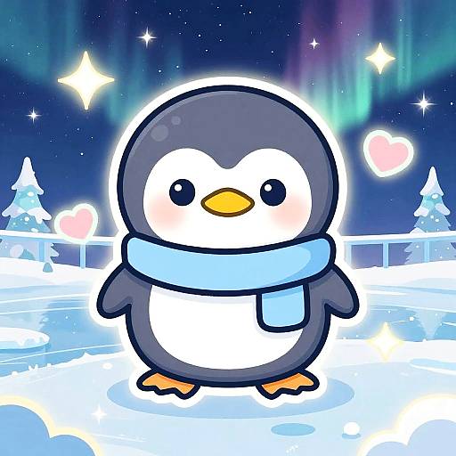 Cute digital drawing of a cartoon penguin with a blue scarf, standing on icy ground under a starry, aurora-lit night sky.