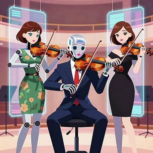 Digital illustration of a robotic man in a suit playing violin, flanked by two human women in floral and black dresses, all playing violins, set