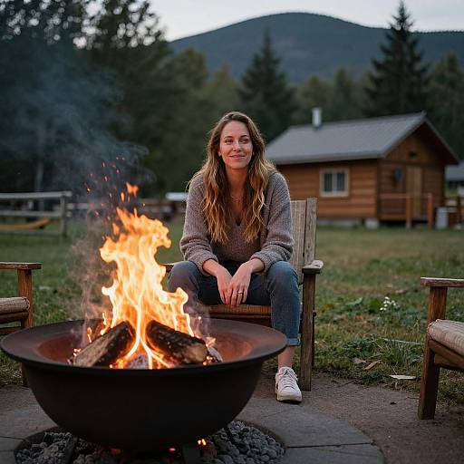 Photograph of a smiling young woman with long, wavy brown hair, sitting by a roaring campfire in a grassy, mountainous field with