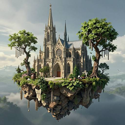 Fantasy digital artwork of a floating, Gothic cathedral surrounded by lush trees and greenery, set against a cloudy sky.