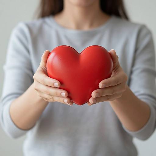 Photograph of a woman in a gray sweater, hands holding a bright red heart, focusing on the heart, blurred background.