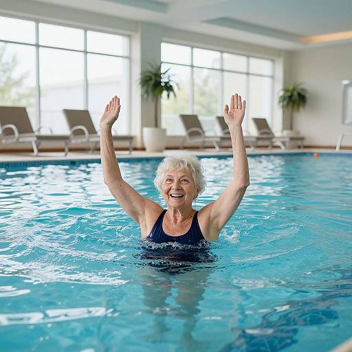 Photograph of a joyful elderly woman with short white hair, wearing a dark blue one-piece swimsuit, raising her arms in a pool with bright windows