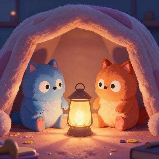 Cute CGI image of two fluffy, cartoon-style foxes, one blue and one orange, sitting under a cozy tent with a glowing lantern, surrounded