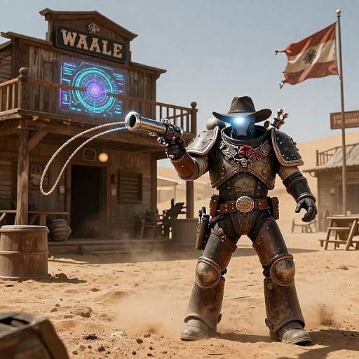 Digital CGI of a futuristic cowboy robot in a dusty Wild West town, firing a glowing laser from a holstered pistol.