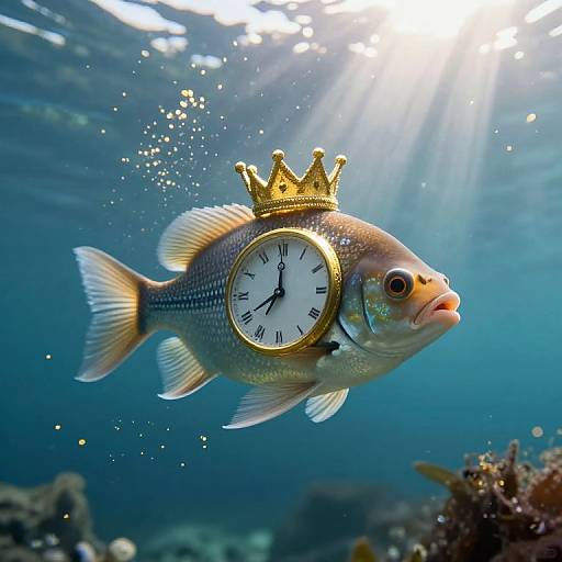 Underwater photograph of a silver fish wearing a gold crown and clock, with sunlight rays filtering through the water.