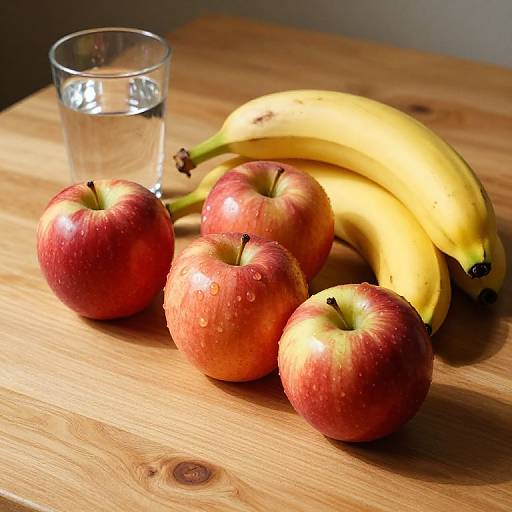 Photograph of four red apples, two yellow bananas, and a clear glass of water on a wooden table.