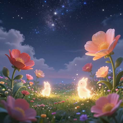 Digital artwork of a starry night sky with glowing flowers and fireflies illuminating a vibrant field of pink and red poppies.
