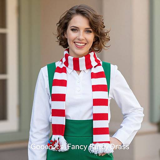 Photograph of a smiling woman with short brown hair, wearing a white blouse, green dress, and red-white striped scarf, standing outdoors. 
