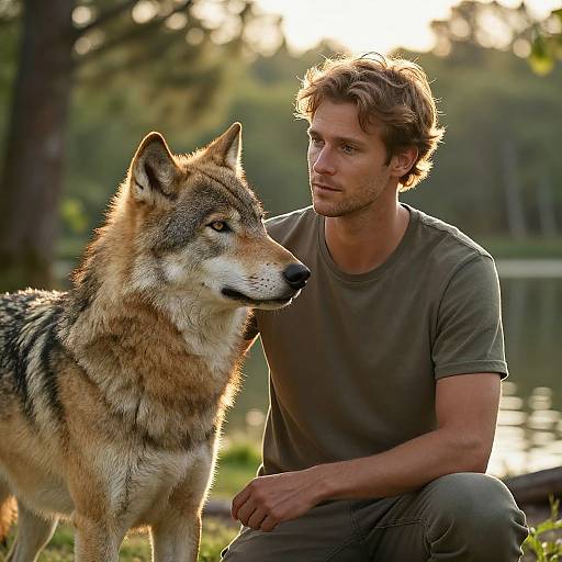 Photograph of a handsome, bearded man in a green t-shirt kneeling beside a large, fluffy coyote with striking brown and black fur in a