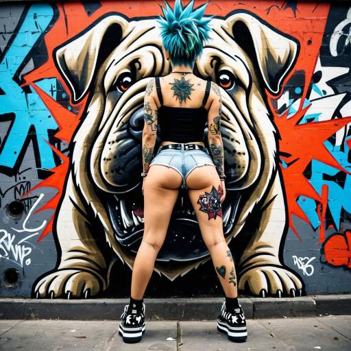 Tattooed Woman with Spiky Hair Posing in Front of Shar Pei Graffiti
