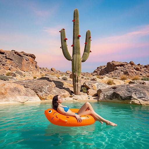 Photograph of a woman with dark hair lounging on an orange inflatable in a turquoise desert pool, surrounded by rocky terrain and a tall, cactus