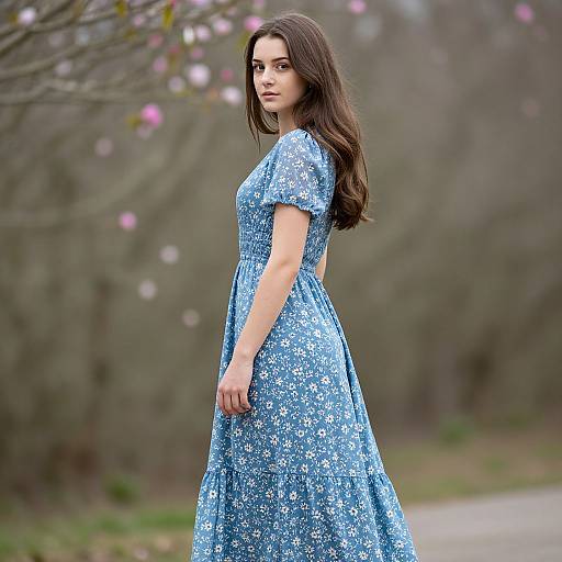 Photograph of a young woman with long brown hair, wearing a blue floral dress, standing in a blurred, spring-time outdoor setting.