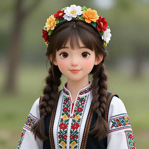 Photorealistic digital image of a young girl with large brown eyes, dark braided hair, wearing a floral headband, traditional embroidered white blouse,