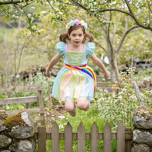 Photograph of a young girl jumping over a wooden fence in a colorful dress with a flower crown, surrounded by a lush, green garden with blooming
