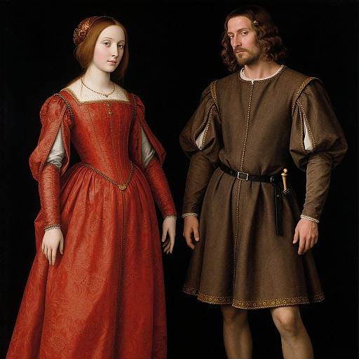 Photograph of a Renaissance-style painting showing a fair-skinned woman in a red dress and a bearded man in a brown tunic against a black