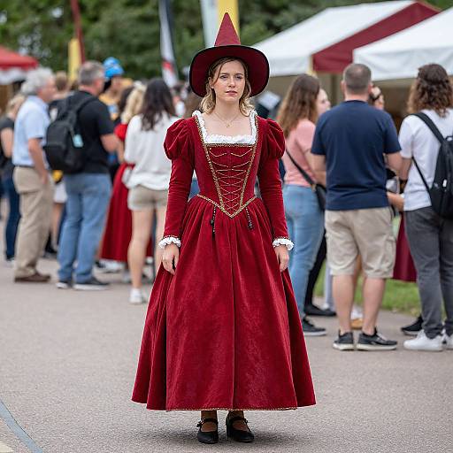 Photograph of a young woman in a red velvet Renaissance dress and hat, standing in a crowded outdoor event with white and red tents in the background.