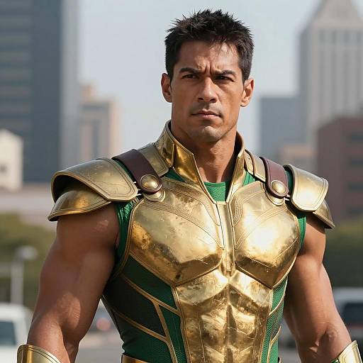 Muscular Man in Gold and Green Superhero Armor