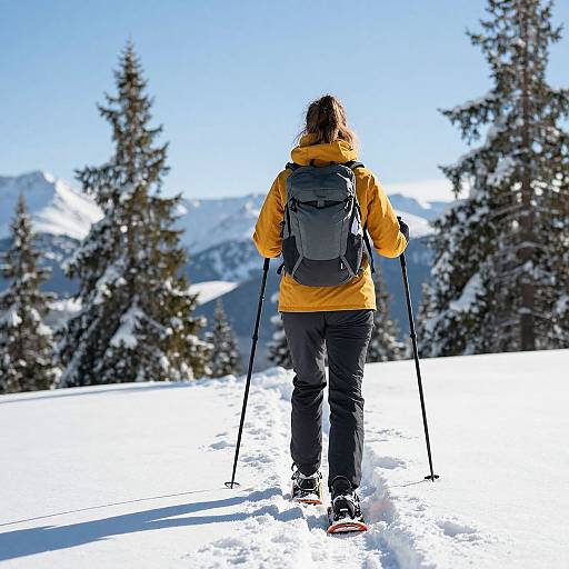 Photograph of a person with brown hair, wearing a yellow jacket, black pants, and backpack, using ski poles while hiking in snowy forest, with