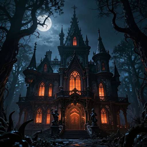 Digital artwork of a Gothic, castle-like mansion with glowing orange windows, surrounded by dark, misty trees under a full moon.