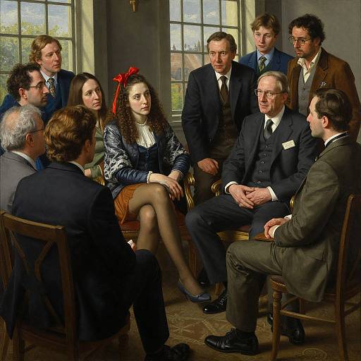 Photograph of 10 formally dressed people, 5 men and 5 women, in a Victorian-style room, seated and standing around, engaged in
