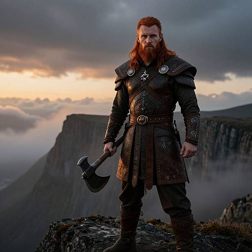 Photograph of a bearded Viking warrior with a red beard, wearing ornate black armor, holding an axe, standing on a rocky cliff at sunset