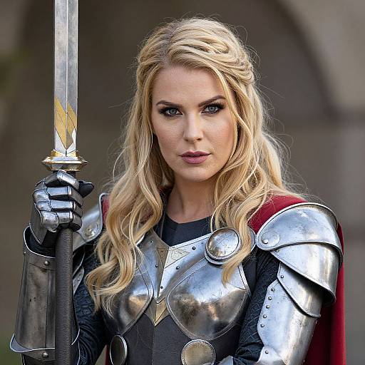 Blonde warrior woman with wavy hair, wearing silver armor, black shirt, red cape, holding a sword, intense expression, outdoor background. Phot