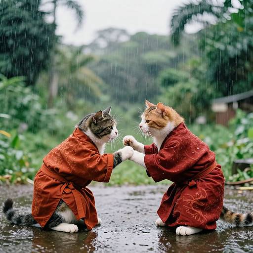 Photograph of two cats in red floral robes, standing on a wet, rain-soaked path, shaking paws amidst a rainy, green forest background