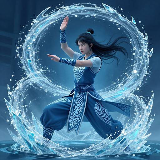 Digital art of a female martial artist with dark hair in a bun, wearing a blue and white patterned outfit, creating a glowing water circle with her