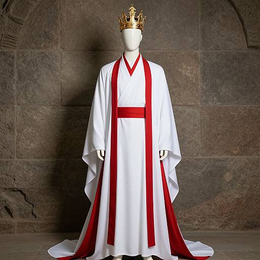 Photograph of a white, red-robed mannequin wearing a gold crown, standing against a dark stone wall. The robe has red vertical stripes