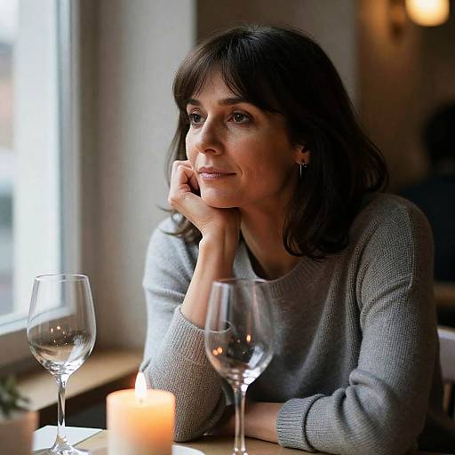Woman Reflecting by Candlelight at Window Table