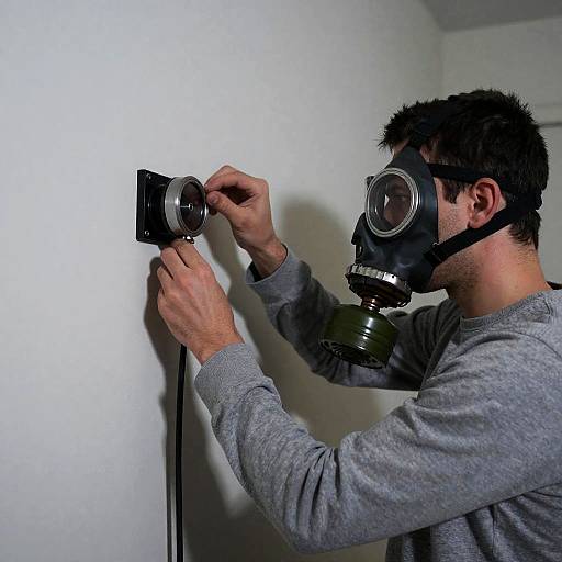 Focused Man in Gas Mask Adjusting Device
