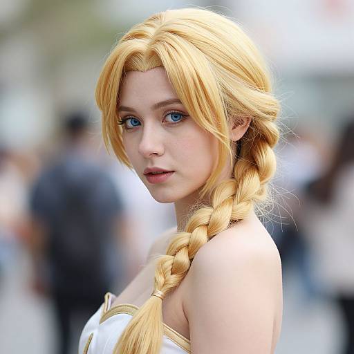 CGI image of a young woman with long blonde braids, blue eyes, fair skin, and a white strapless top, standing in a blurred