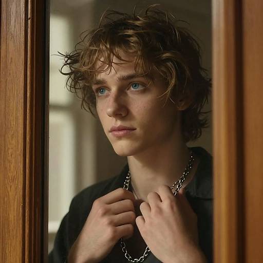 Photograph of a young man with messy brown hair, blue eyes, and freckles, wearing a black shirt and chain necklace, standing in a