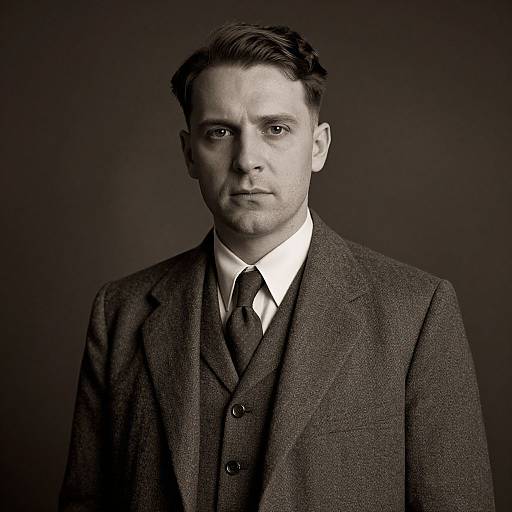 Black-and-white photograph of a serious-looking man with short dark hair, wearing a textured dark three-piece suit, white shirt, and dark tie, against
