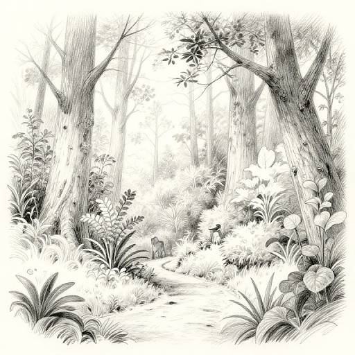 Monochromatic, detailed ink drawing of a dense forest scene with tall trees, lush foliage, and various plants. Light filters through, creating a serene