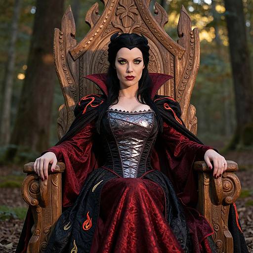 Photograph of a pale-skinned woman with black hair, red lips, and gothic attire, sitting regally on a carved wooden throne in a