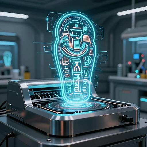 Digital CGI image of a neon-blue hologram of an ancient Egyptian figure on a futuristic laboratory machine, glowing against a dark, high-tech background.