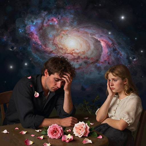 Sad young couple with hand on head, against cosmic galaxy backdrop, surrounded by pink rose petals on a dark table.