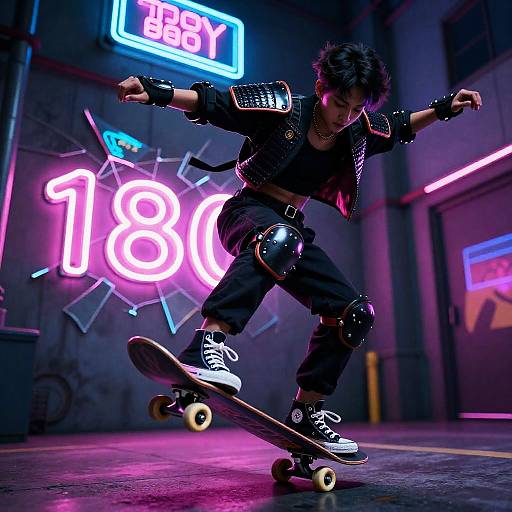 Nonbinary Neon Samurai Skateboarder Nollie 180