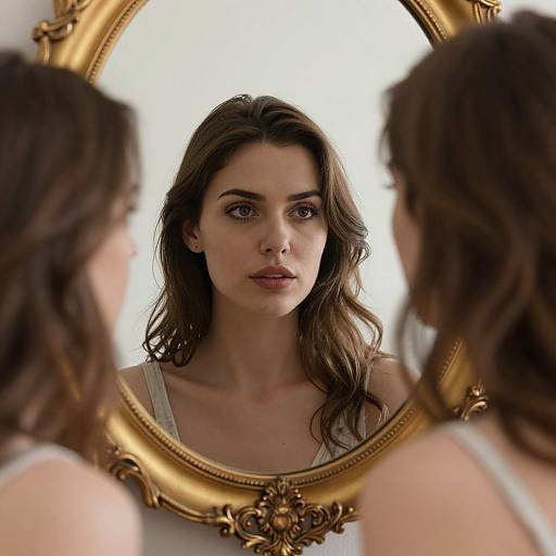 Photograph of a serious brunette woman with wavy hair, reflected in an ornate gold-framed mirror, wearing a white sleeveless top.