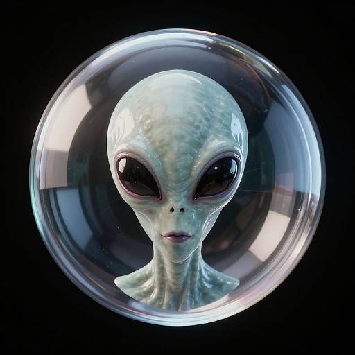 CGI image of a green-skinned alien with large black eyes, housed in a transparent, reflective dome against a black background.