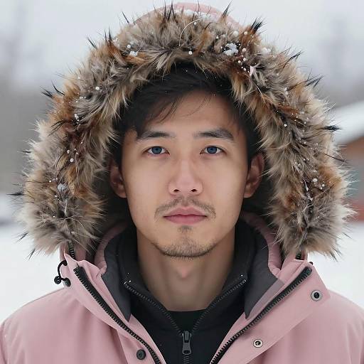 Young Man in Pink Fur-Trimmed Winter Jacket