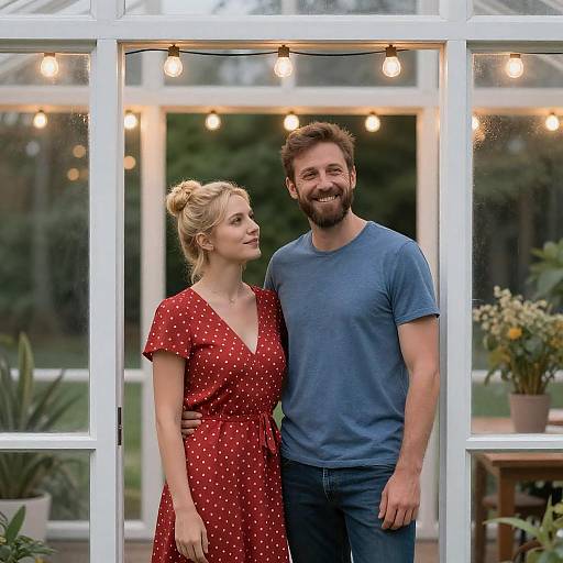 Couple in Glass-Walled Room with Lights