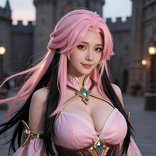CGI image of a cute, fair-skinned woman with long pink and black hair, large breasts, wearing a pink, gold, and blue fantasy