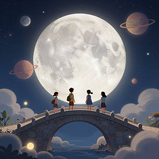 Digital anime-style illustration of five children silhouetted on a stone bridge, gazing at a giant full moon and planets in a starry night