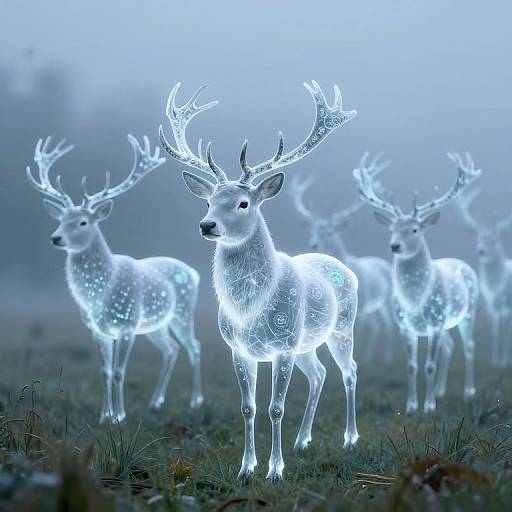 Photorealistic digital artwork of glowing white deer with intricate antlers standing in a misty, blue-lit forest, creating an ethereal, magical