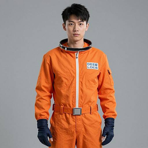 Asian Man in Orange Spacesuit
